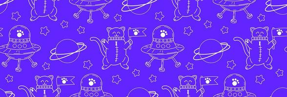 Linear pattern with cute cats in space. Vector seamless pattern of pet characters in doodle style.