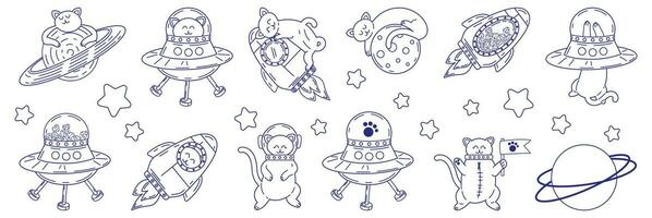 Linear drawing with cute cats in space. Vector illustration of pets in doodle style.