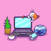 linda gato sentado en ordenador portátil con café y planta dibujos animados vector ilustración. plano dibujos animados concepto.