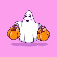 Cute Ghost Bring Candy Basket Pumpkin Cartoon Vector Illustration. Flat Cartoon Concept.