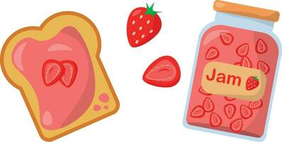 Vector toast with jam, jar of jam and strawberry