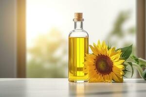 Organic sunflower oil in a small glass jar with sunflower fresh flowers on the table photo