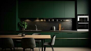 Dark green kitchen. Minimalism. photo