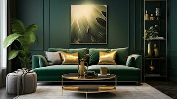 Living room, gold and dark green colors. Interior design photo