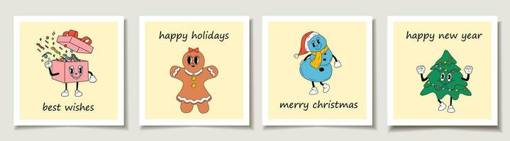 Christmas vector gift card or tag set Cute Cartoons christmas mascot. Merry christmas lettering, best wishes.