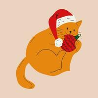 Cute cat with christmas ball. Vector illustration.