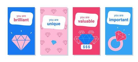 Isolated banners for social networks with the symbol of a diamond. Approving words and compliments for girls. Vector illustration. Psychology banners.