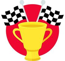 Illustration of an isolated gold cup and a black and white checkered flag on a red circle. Race win. Vector illustration