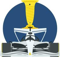 Illustration of a F1 car with a golden cup on the background of a blue circle. Winning the championship. Vector illustration