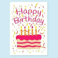 Postcard with birthday greetings. Cake with candles. Doodle style. Vector illustration