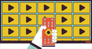 Streaming media on tv line cartoon flat illustration. Push button remote control 2D lineart character hand on television screen background. Television channels video choosing scene vector color image