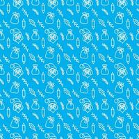 Merry Christmas and Happy New Year seamless pattern in doodle style. Vector illustration on a blue background with white line.