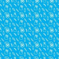 Merry Christmas and Happy New Year seamless pattern in doodle style. Vector illustration on a blue background with white line.