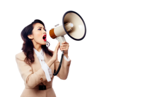 A Chic Brunette Lady Shouting into a Loudspeaker png