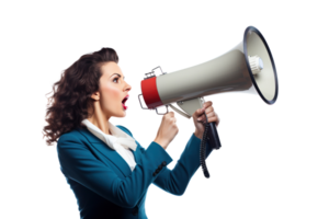 A Chic Brunette Lady Shouting into a Loudspeaker png