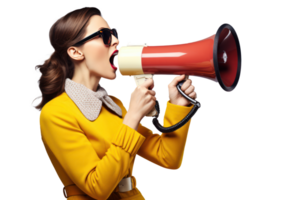 A Chic Brunette Lady Shouting into a Loudspeaker png