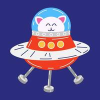 Cheerful cat character in a flying saucer. Vector illustration of a cat mascot in a flying saucer in flat style.