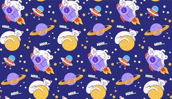 Colorful seamless pattern with pets. Vector background with cute cats in space. Childish abstract print. Pet pattern. Isolated background.