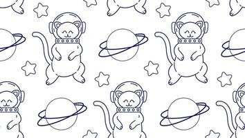 Linear pattern with cute cats in space. Vector seamless pattern of pet characters in doodle style.