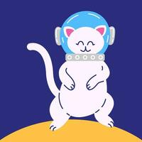 Happy cat in a spacesuit on the moon. Vector illustration of a cat character in an astronaut suit in a flat style.