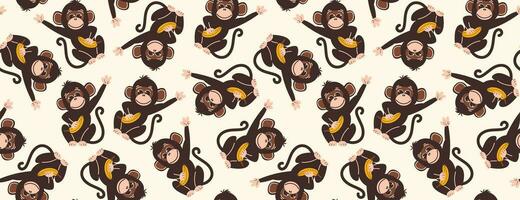 Seamless pattern with monkeys in flat style. Vector background with cute monkey characters with banana in hand. Abstract mirror background.