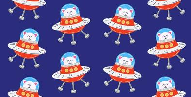 Colorful pattern with cute cats in space. Vector seamless background with cat character on a flying saucer in flat cartoon style.