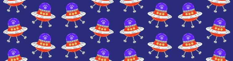 Colorful pattern with cute flying saucer in space. Vector seamless background with UFO and cat paw print in flat cartoon style.