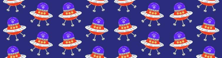 Colorful pattern with cute flying saucer in space. Vector seamless background with UFO and cat paw print in flat cartoon style.