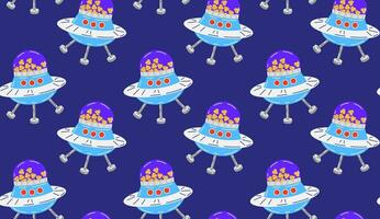 Colorful pattern with a cute flying saucer filled with pet food in space. Vector seamless background in flat cartoon style.