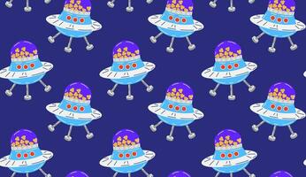 Colorful pattern with a cute flying saucer filled with pet food in space. Vector seamless background in flat cartoon style.