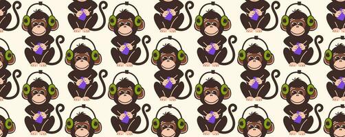 Seamless pattern with monkeys in flat style. Vector background with cute monkey characters wearing headphones.