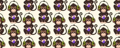 Seamless pattern with monkeys in flat style. Vector background with cute monkey characters wearing headphones.