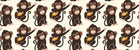 Seamless pattern with monkeys in flat style. Vector background with cute monkey characters with banana in hand.