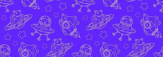 Linear pattern with cute cats in space. Vector seamless pattern of pet characters in doodle style.