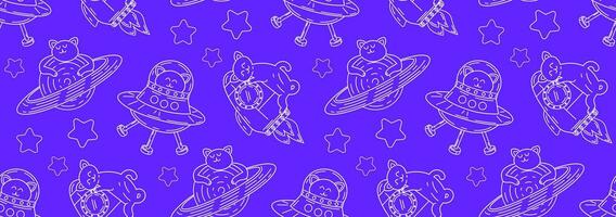 Linear pattern with cute cats in space. Vector seamless pattern of pet characters in doodle style.