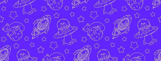 Linear pattern with cute cats in space. Vector seamless pattern of pet characters in doodle style.