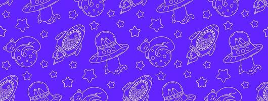 Linear pattern with cute cats in space. Vector seamless pattern of pet characters in doodle style.