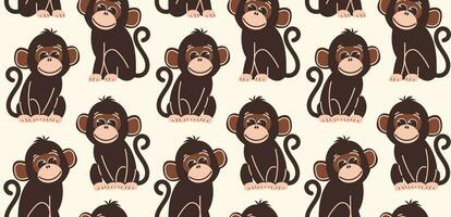 Seamless pattern with monkeys in flat style. Vector background with cute monkey characters in a sitting pose.