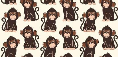 Seamless pattern with monkeys in flat style. Vector background with cute monkey characters in a sitting pose.