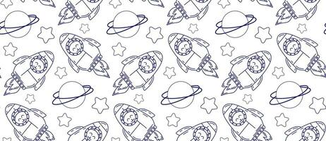 Linear pattern with cute cats in space. Vector seamless pattern of pet characters in doodle style.