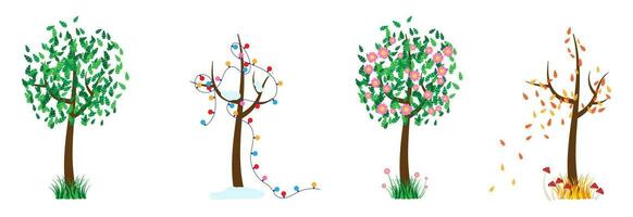A set of trees on the theme of Season 4. Vector illustration of trees in spring, summer, autumn, winter in flat style.