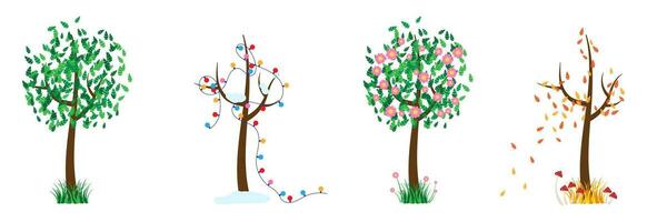 A set of trees on the theme of Season 4. Vector illustration of trees in spring, summer, autumn, winter in flat style.