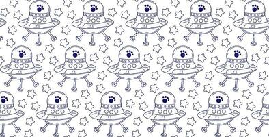 Linear pattern with cute cats in space. Vector seamless pattern of pet characters in doodle style.
