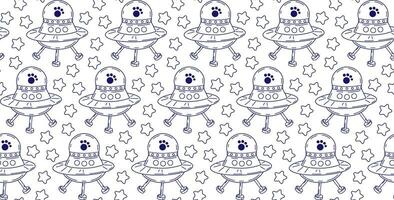 Linear pattern with cute cats in space. Vector seamless pattern of pet characters in doodle style.