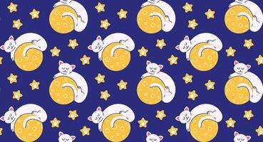 Colorful pattern with cute cats in space. Vector seamless background with cat character on the moon in flat cartoon style.