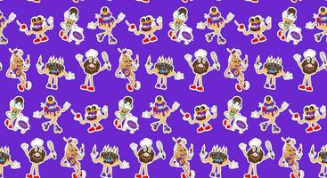 Colorful pattern with stickers of sweets in retro cartoon style. Vector seamless background with cake, donuts, cupcakes, ice cream and other sweets.