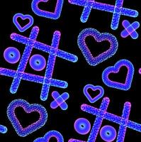 Noen pattern with doodles of the game tic-tac-toe and hearts. Vector seamless background in 90s style.