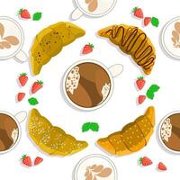 Croissants and Coffee, Strawberry Fruits with leaves. Seamless vector drawing for textiles, printing, wallpaper and napkins. White background