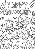 Vector illustration with smiling pumpkins. Coloring page with cute Halloween characters.