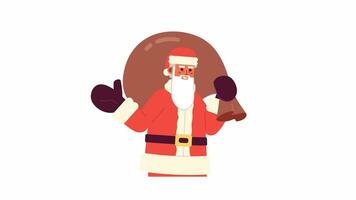 alegre Navidad Papa Noel claus saludo 2d personaje animación. Santo nicholas disfraz plano dibujos animados 4k video, transparente alfa canal. participación regalos bolso Papa Noel animado persona en blanco antecedentes video